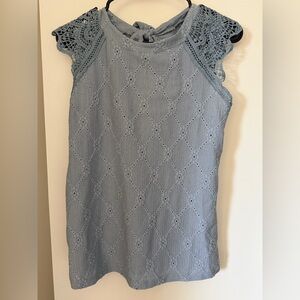 Sleeveless Lace-Yoke Eyelet Top in Light Blue